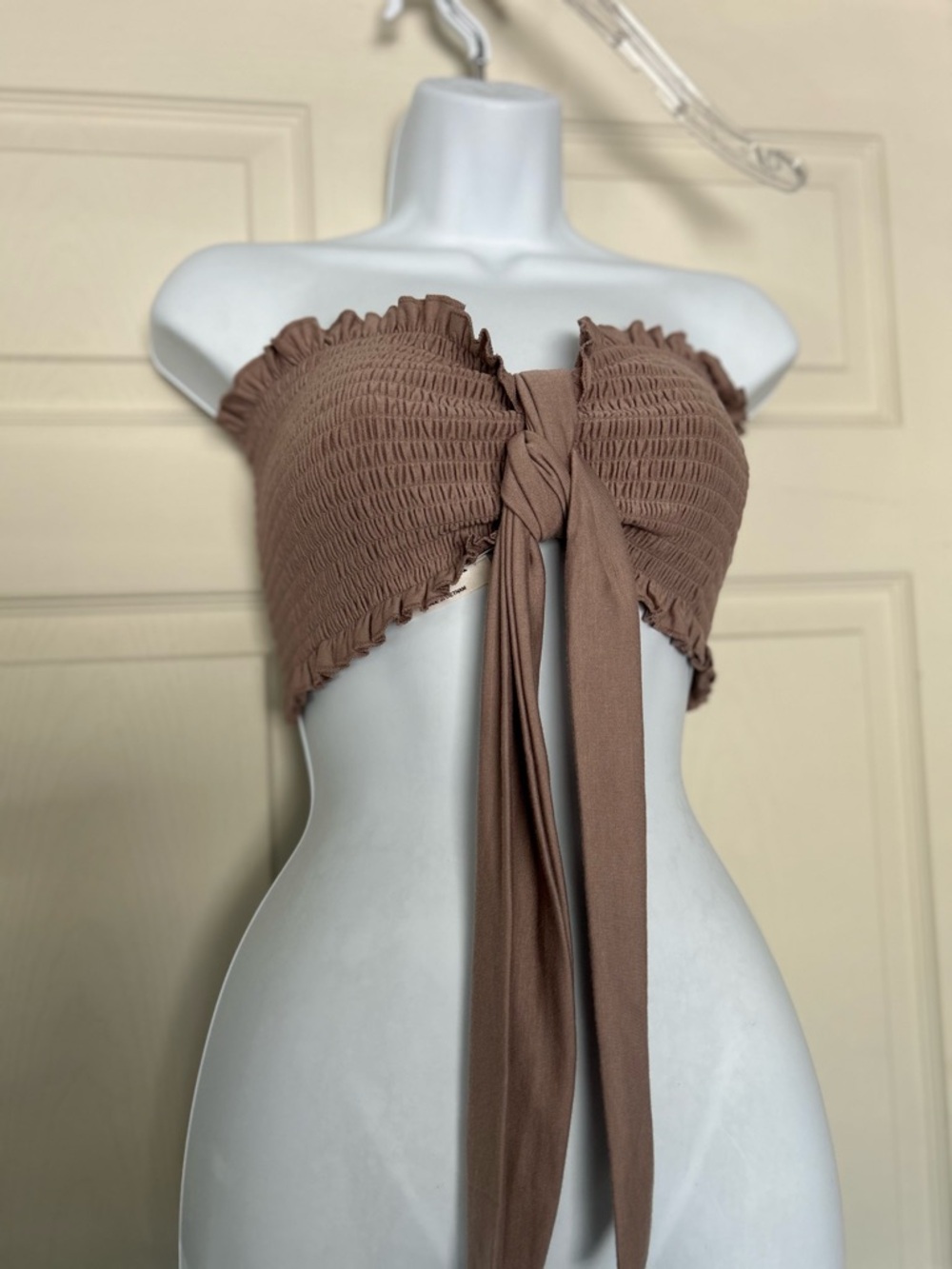 NWT Smocked Tie-Front Bandeau Crop Top - Brown